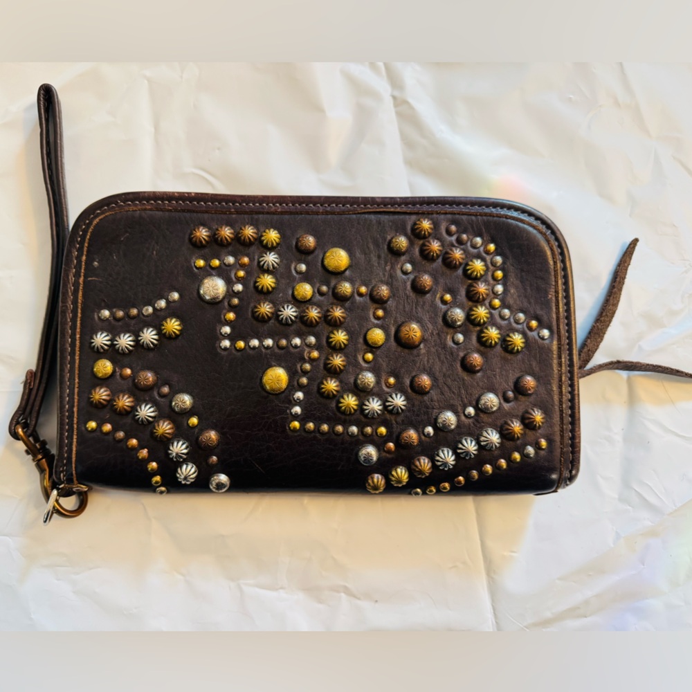 Studded Brown Leather Wristlet